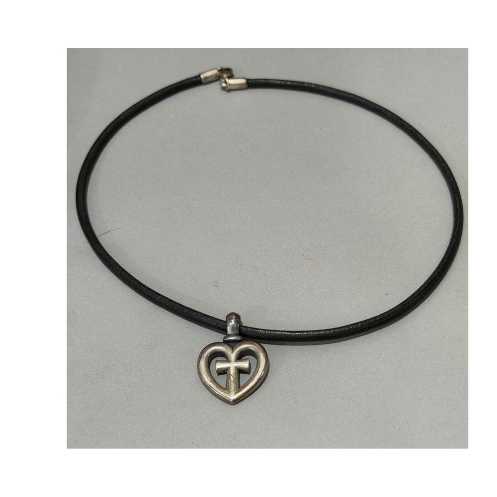 James Avery Eternal Love Heart Cross Pendant Black Leather Chain Silver 925